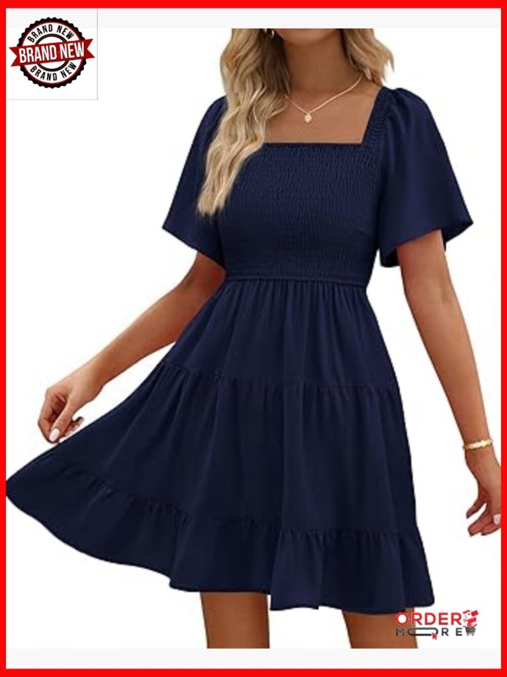 Women's Square Neck Smocked Mini Dress with Pockets